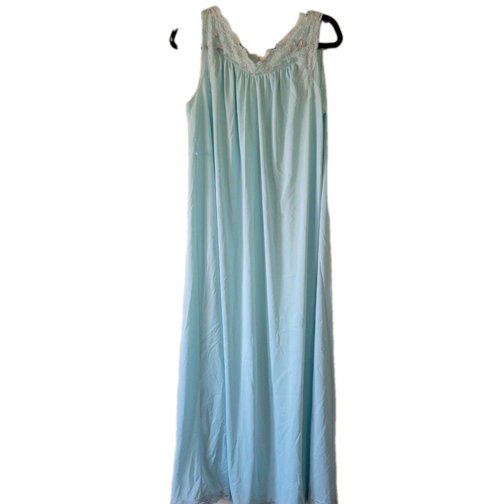 VTG Shadowline 41” Nightgown Blue Nylon Rose Bud Lace V Neck Semisheer Size M